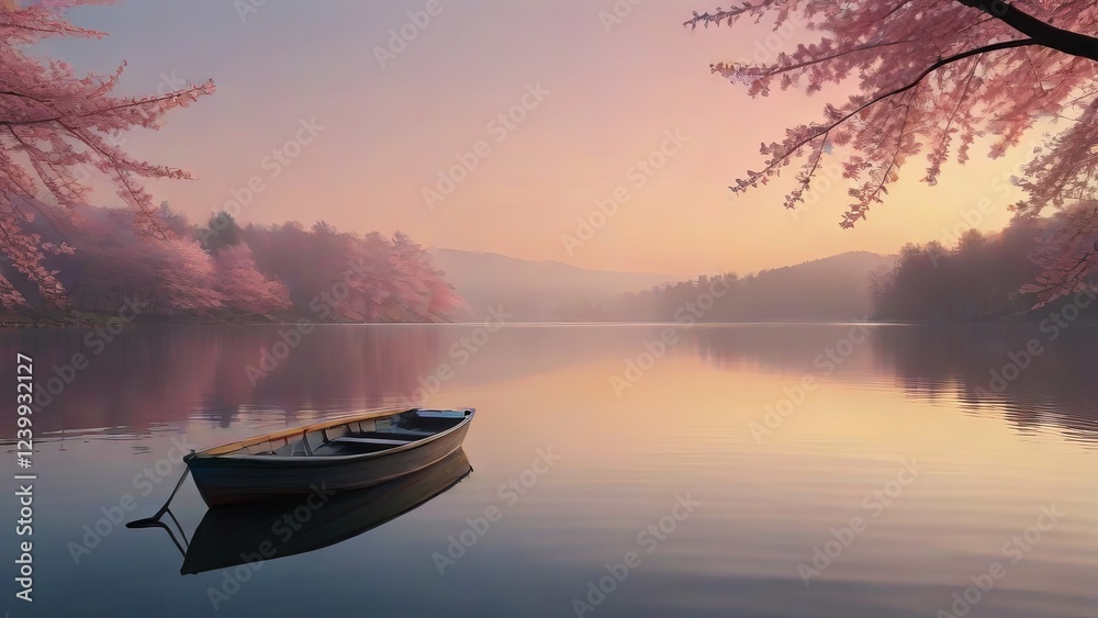 Naklejka premium Lonely boat on peaceful lake during pink morning
