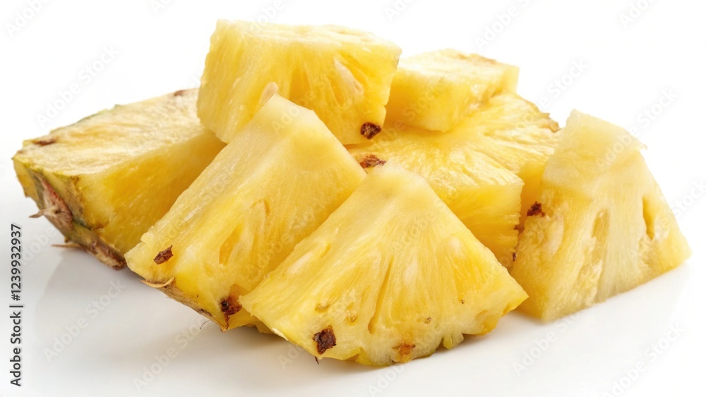 Freshly cut pineapple pieces displayed on a white background, showcasing their vibrant yellow color and juicy texture. Freshly cut pineapple pieces displayed on a white background, showcasing their vibrant yellow color and juicy texture.