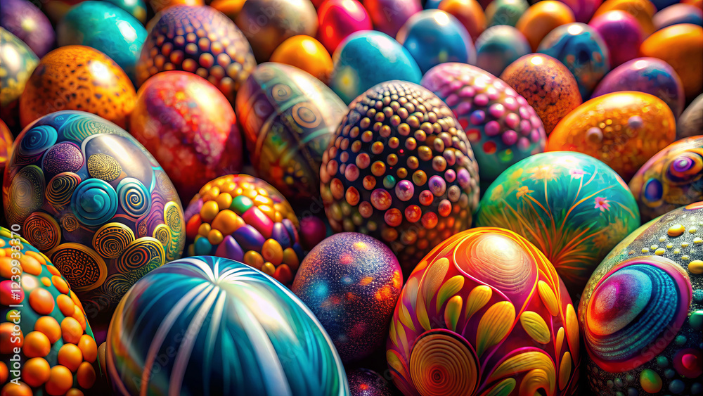 Colorful easter eggs in vibrant, surreal arrangement with bold patterns