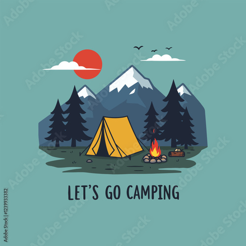 Camping Scene Mountain Sunset Tent Graphic Design