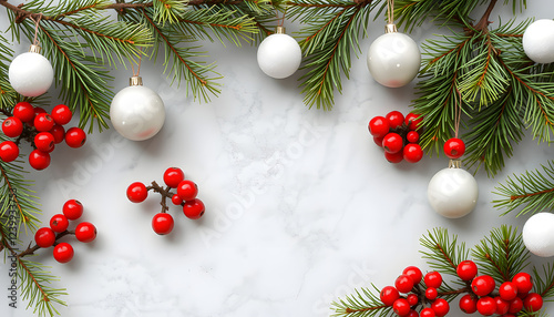 Christmas or New year banner. Pine tree branches, red berry, white balls on marble background top virew. Christmas, New Year, winter holidays concept. Xmas frame. isolated with white shades photo