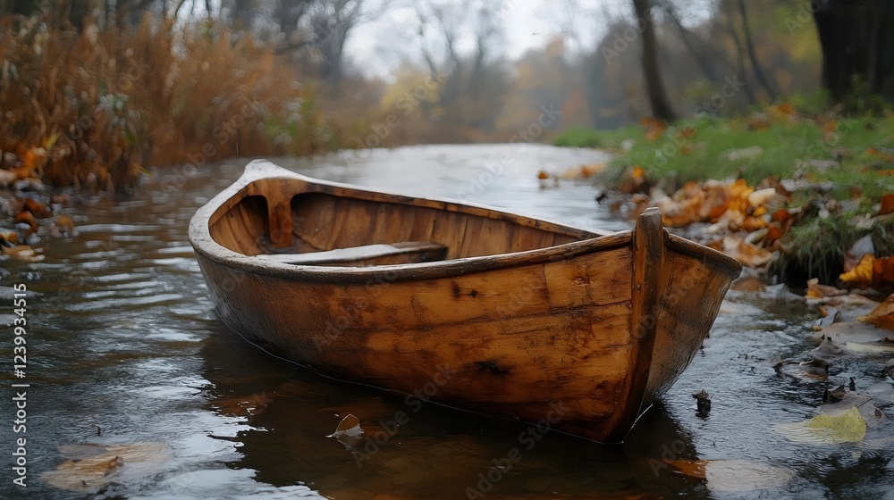 A small wooden boat is floating in a river A small wooden boat is floating in a river