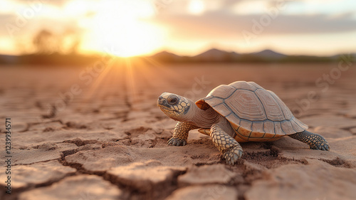 A turtle slowly moves across dry, cracked ground as the golden hues of sunset create a dramatic contrast with the parched earth. photo