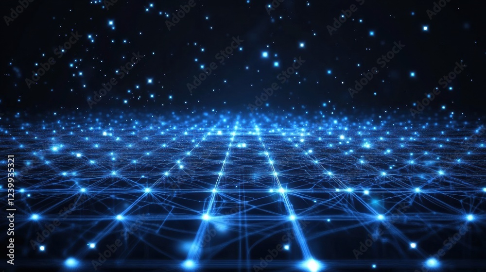 Fototapeta premium Digital grid forming a network with glowing blue stars on dark background