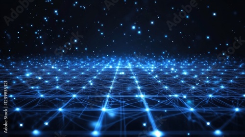 Digital grid forming a network with glowing blue stars on dark background