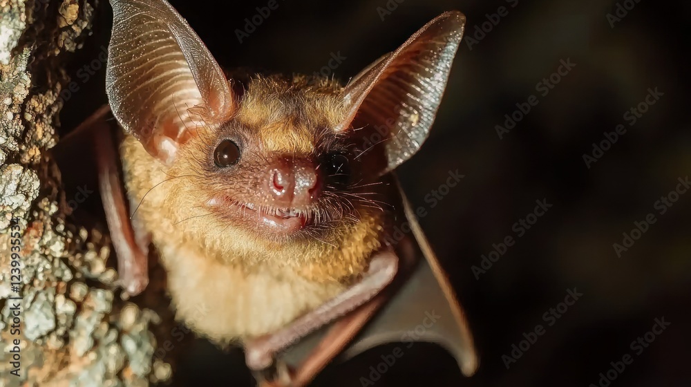 Echolocating enigma a close-up view of a cute bat resting on a tree trunk Echolocating enigma a close-up view of a cute bat resting on a tree trunk