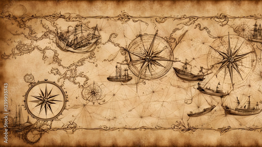 Fototapeta premium A vintage maritime map featuring ships, compasses, and navigational elements.