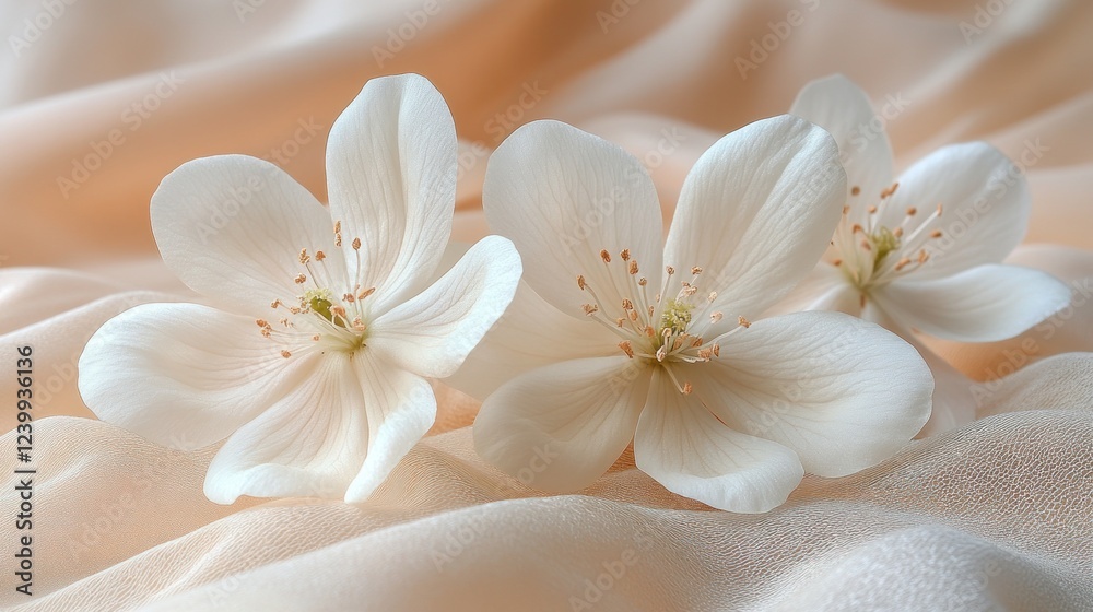 Delicate white blossoms on peach fabric, soft focus background, spa brochure Delicate white blossoms on peach fabric, soft focus background, spa brochure