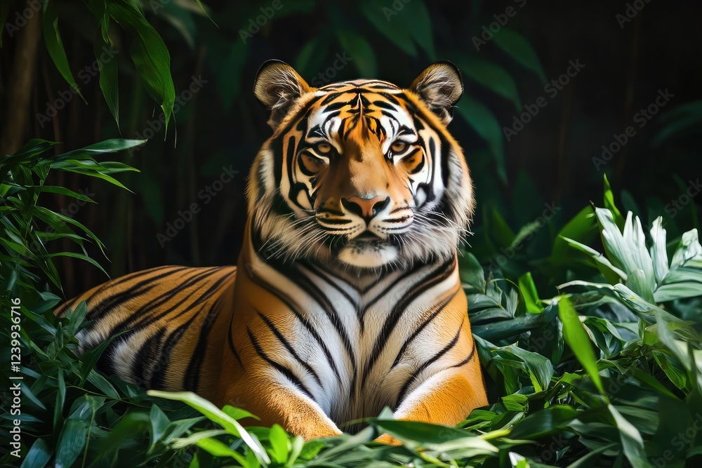 majestic bengal tiger resting in dappled sunlight against lush jungle foliage