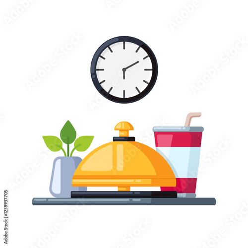 Vector tools on the reception desk. Vector bell, wall clock, and plant decoration