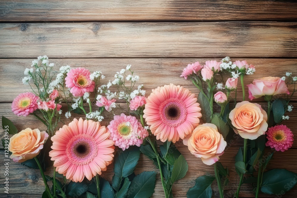Rustic floral bouquet with pink and orange gerbera daisies and roses on wooden background Rustic floral bouquet with pink and orange gerbera daisies and roses on wooden background