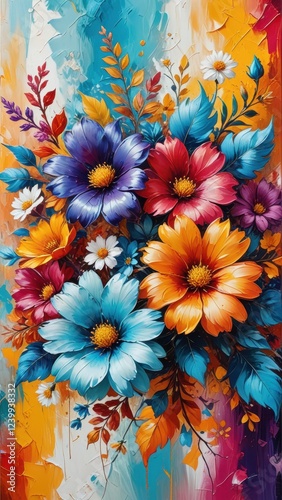 an abstract artwork that combines a bright, multicolored palette with a heavily textured surface, showcasing a blend of floral elements and a contrasting background