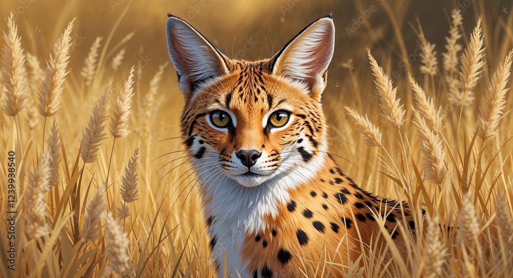 Obraz premium Portrait serval on golden grassland background illustration