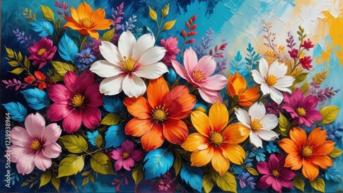 an abstract artwork that combines a bright, multicolored palette with a heavily textured surface, showcasing a blend of floral elements and a contrasting background