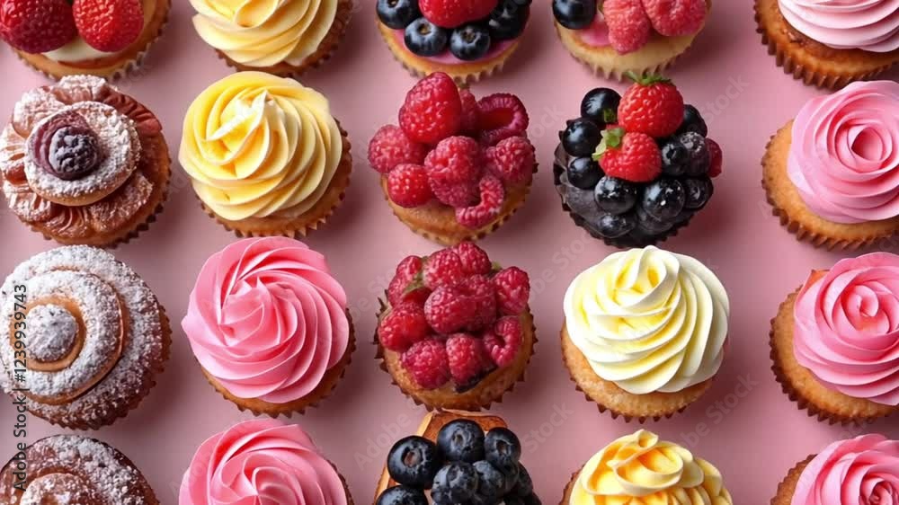 A delightful assortment of cupcakes, adorned with luscious raspberries, strawberries, and blueberries, creating a vibrant and tempting array of sweet treats. A delightful assortment of cupcakes, adorned with luscious raspberries, strawberries, and blueberries, creating a vibrant and tempting array of sweet treats.