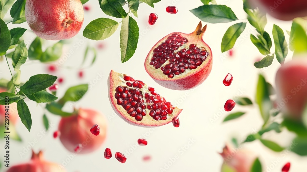 Pomegranate and half slices suspended in the air with green leaves isolated on white background - ai Pomegranate and half slices suspended in the air with green leaves isolated on white background - ai