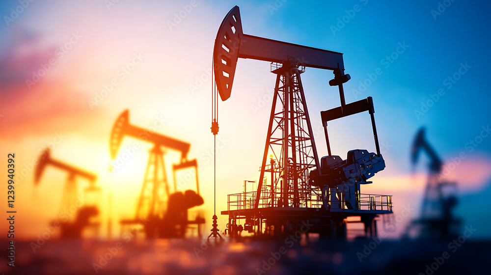 Naklejka premium Oil drilling rig silhouettes against colorful sunset sky, showcasing industrial machinery and energy production