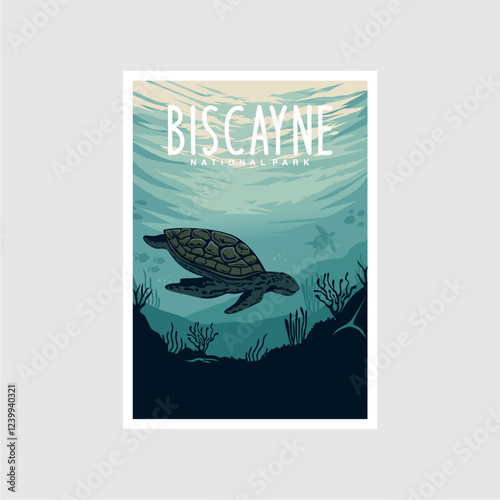 Biscayne National Park logo patch badge illustration, Sea turtle underwater diving design