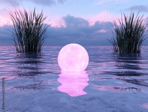 Pink sphere floats on calm water at sunset