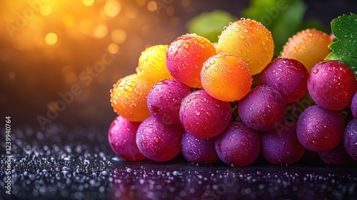 Dewy colorful grapes, dark background, food photography photo