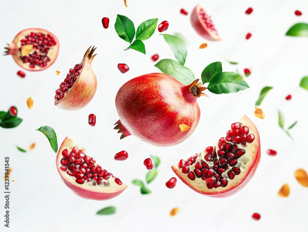 Pomegranate and half slices suspended in the air with green leaves isolated on white background - ai Pomegranate and half slices suspended in the air with green leaves isolated on white background - ai