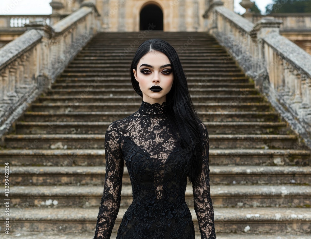 Naklejka premium Gothic fashion model posing on a grand staircase