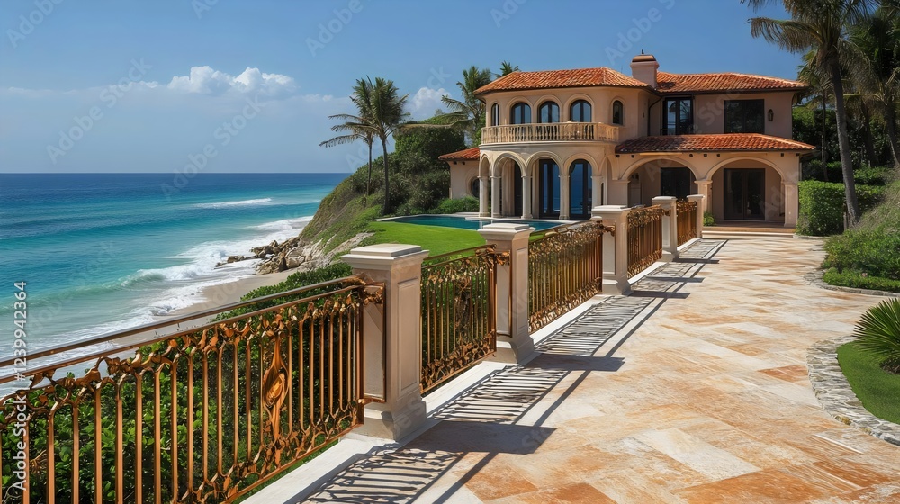A large house with a pool and a fence overlooking the ocean A large house with a pool and a fence overlooking the ocean
