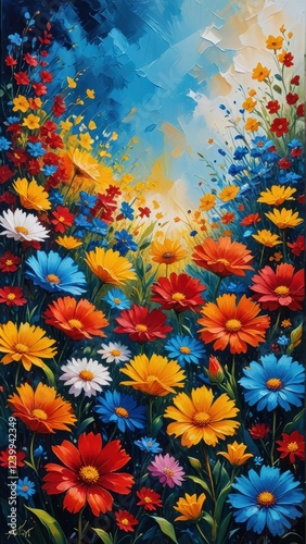 an abstract painting featuring a vibrant mix of colors, including deep blues, bright yellows, and rich reds, with a textured, impasto style that depicts a field of flowers against a dynamic background