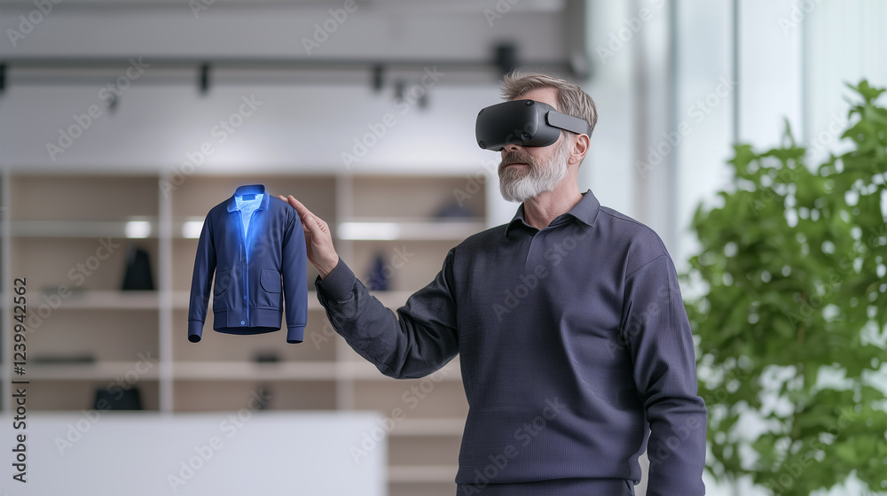 Man experiencing next-gen VR shopping in a sleek fashion boutique Man experiencing next-gen VR shopping in a sleek fashion boutique