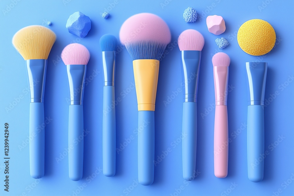 A collection of colorful makeup brushes arranged on a blue background, featuring various shapes and sizes, alongside decorative sponges and small textured objects. 3d rendering. A collection of colorful makeup brushes arranged on a blue background, featuring various shapes and sizes, alongside decorative sponges and small textured objects. 3d rendering.