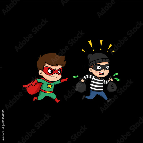 Superhero Catches Thief Cartoon Illustration
