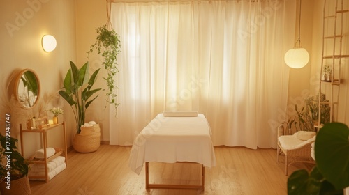 Empty massage room with soft lighting and minimalist decor. Tranquility and relaxation in a serene environment, inviting moments of peace and self-care.