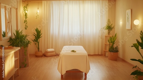 Empty massage room with soft lighting and minimalist decor. Tranquility and relaxation in a serene environment, inviting moments of peace and self-care.