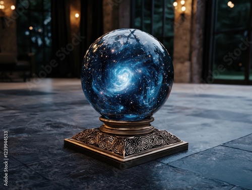 Crystal ball with galaxy inside on ornate stand