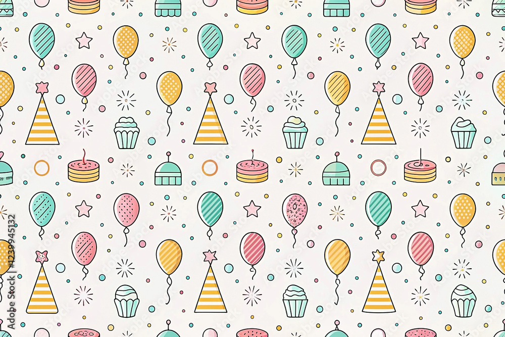 Festive party seamless pattern background balloons, cupcakes, and fireworks Festive party seamless pattern background balloons, cupcakes, and fireworks
