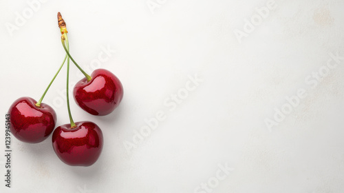 Fresh red cherries with stems on light background, perfect for summer