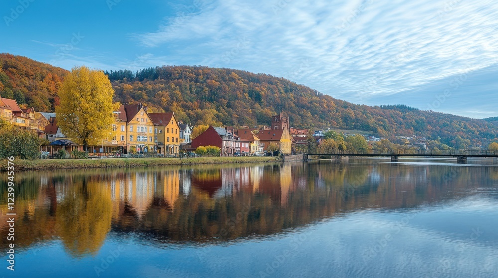 Fototapeta premium Scenic autumn river town reflection.