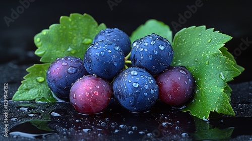 Wallpaper Mural Dewy red-blue grapes, dark background, reflection, food photography Torontodigital.ca