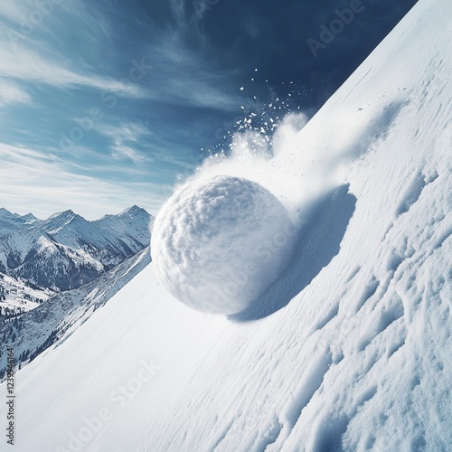 Snowball rolling down a snowy mountain slope. photo