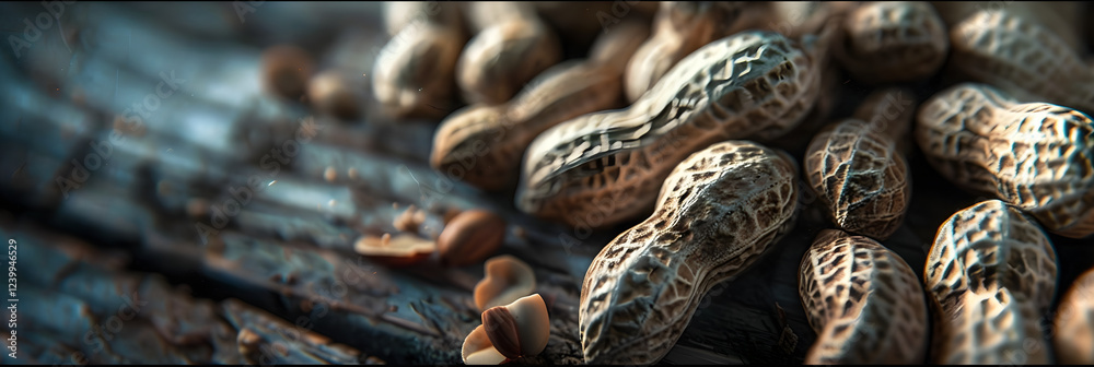 Close-up of Shelled and Unshelled Peanuts on Rustic Wooden Surface Highlighting Textures and Natural Tones Close-up of Shelled and Unshelled Peanuts on Rustic Wooden Surface Highlighting Textures and Natural Tones
