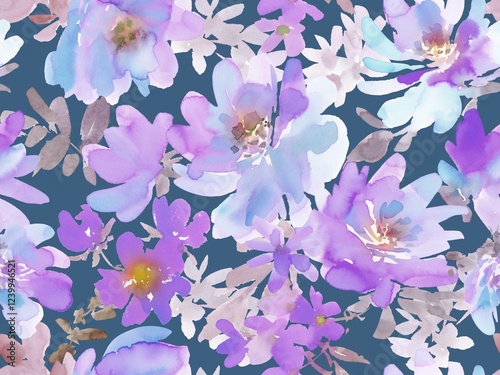 Fototapeta Naklejka Na Ścianę i Meble -  Abstract blue and purple Peonies and Foliage Seamless Pattern in Watercolor, Watercolor Floral Textile Design for spring.