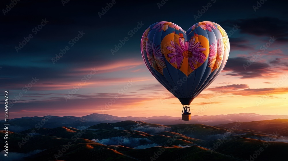 Obraz premium Heart Shaped Hot Air Balloon at Sunset Over Mountains”, 