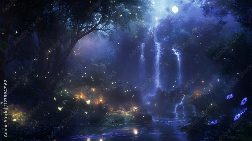Enchanting Moonlit Waterfall Forest Scene With Fairies Enchanting Moonlit Waterfall Forest Scene With Fairies