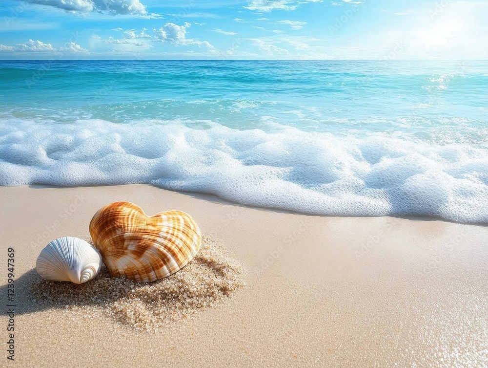 Heart Shaped Shells on Sandy Beach with Blue Ocean Waves under Sunny Sky Heart Shaped Shells on Sandy Beach with Blue Ocean Waves under Sunny Sky