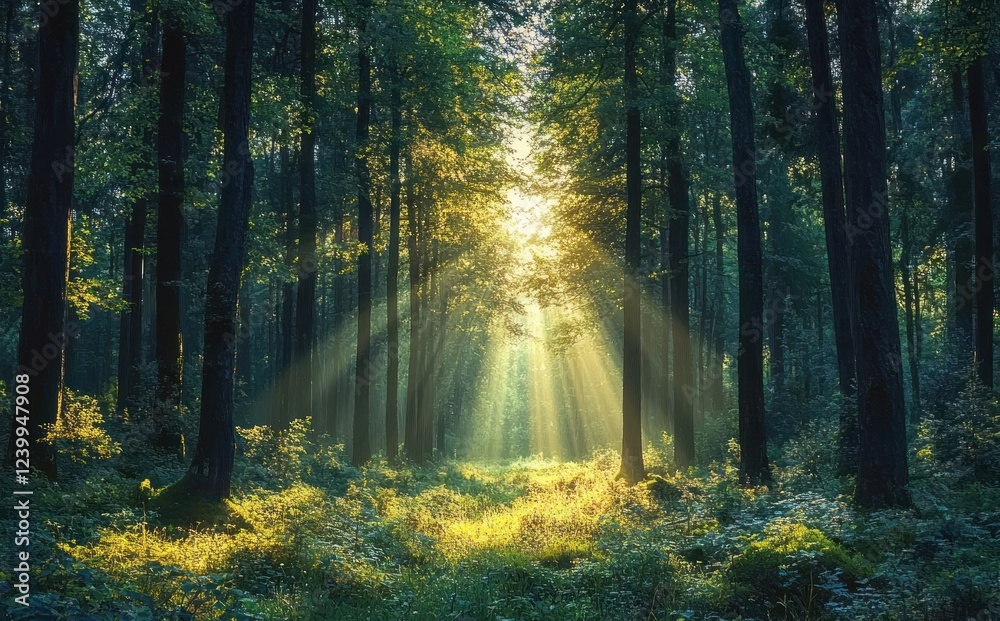 Fototapeta premium Magical Dawn in a Serene Forest with Sunlight Filtering Through Tall Trees