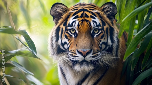 Close-up portrait of a tiger in the jungle, looking at the camera. International world wild life day celebration photography.