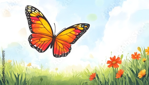 Orange Butterfly Soaring Above Green Grass and Flowers