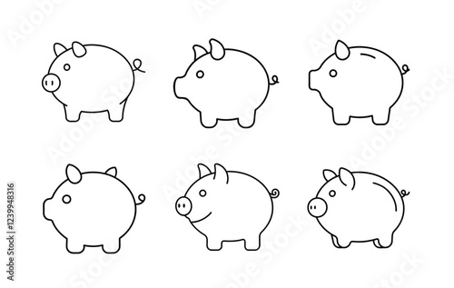 A set of six simple, black line art piggy bank icons, perfect for financial themes.