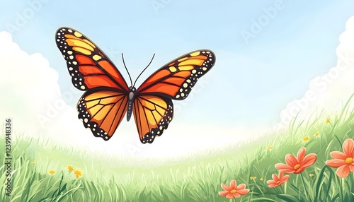 Monarch Butterfly Soaring Over Lush Green Field