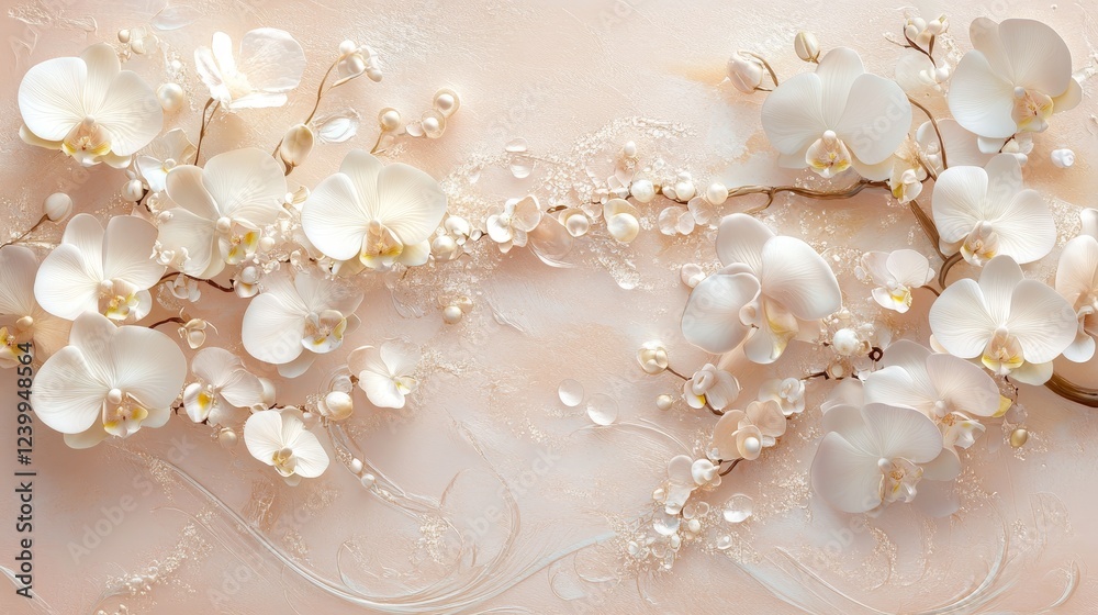 Create a beautiful composition of delicate orchid flowers arranged elegantly on a soft pastel pink background, with the flowers' intricate details highlighted, and a generous blank space on the side Create a beautiful composition of delicate orchid flowers arranged elegantly on a soft pastel pink background, with the flowers' intricate details highlighted, and a generous blank space on the side